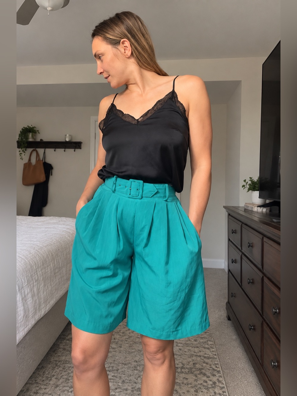 Vintage Allison Tracy Teal Pleated Bermuda Shorts w/ Belt 3-4